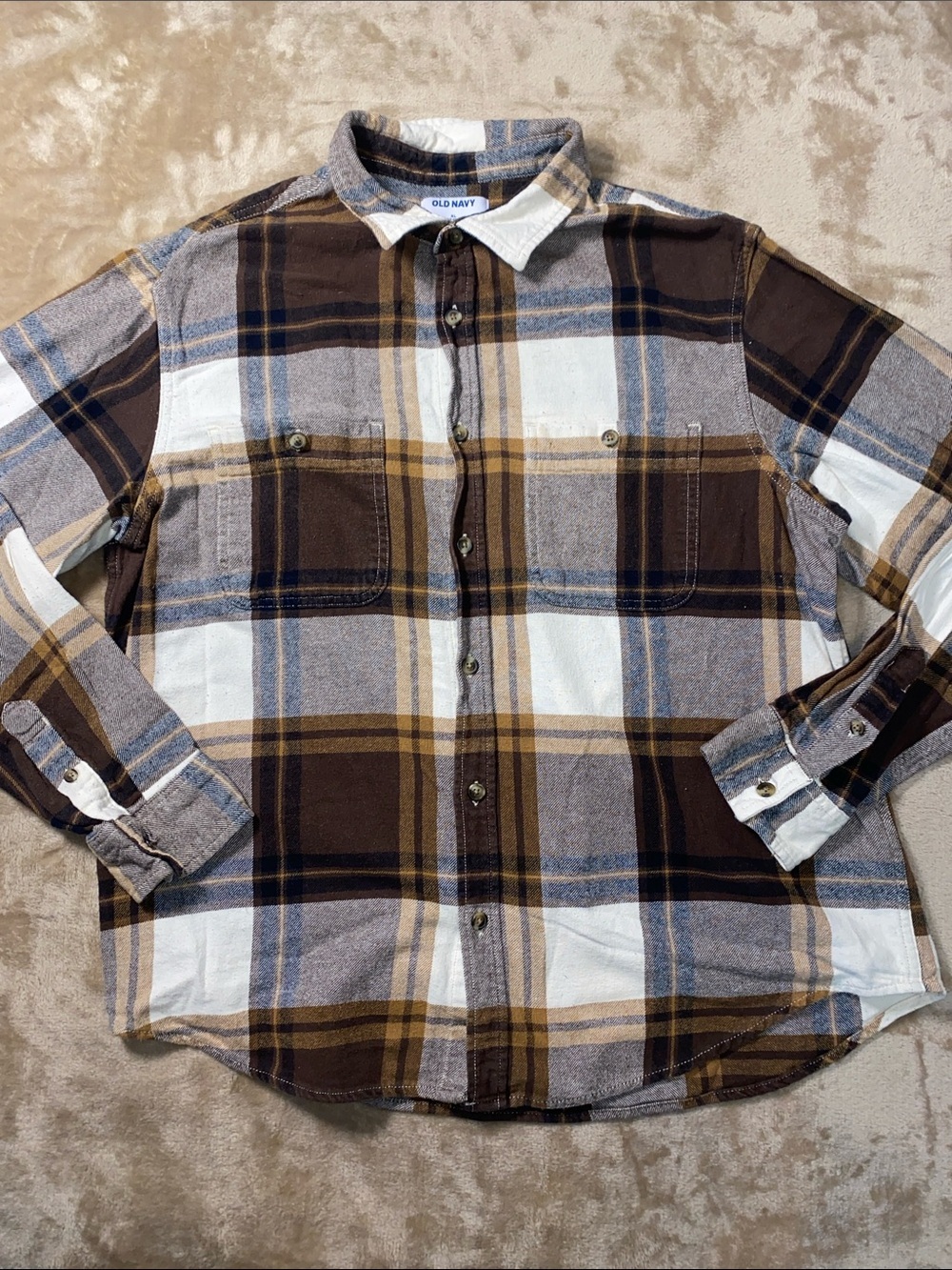 Old Navy Cotton Brown, White Flannel Plaid Button-Down Shirt - Men